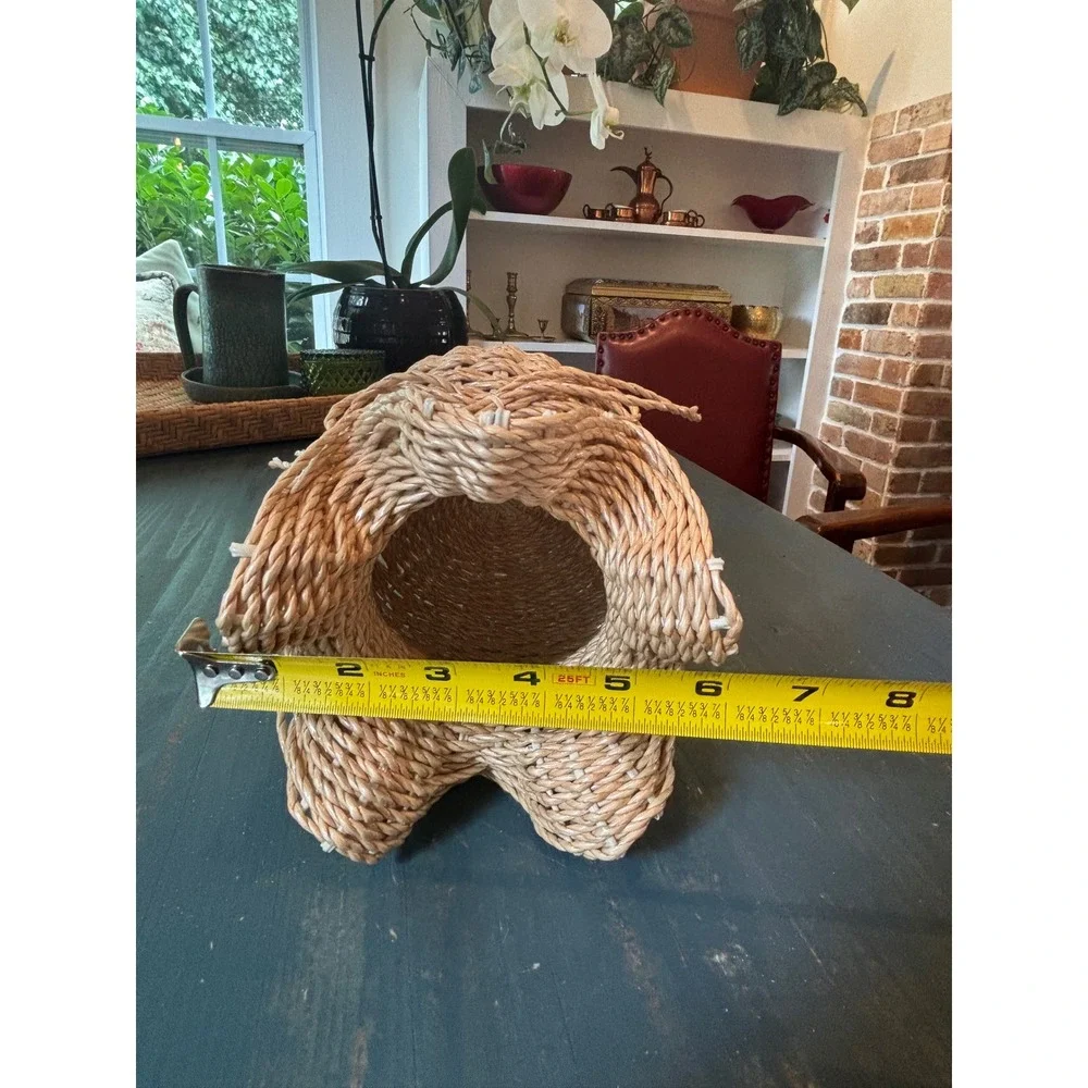 Vintage Woven Straw Ruffle Top Basket Bow Detail Boho Decor Made in Korea